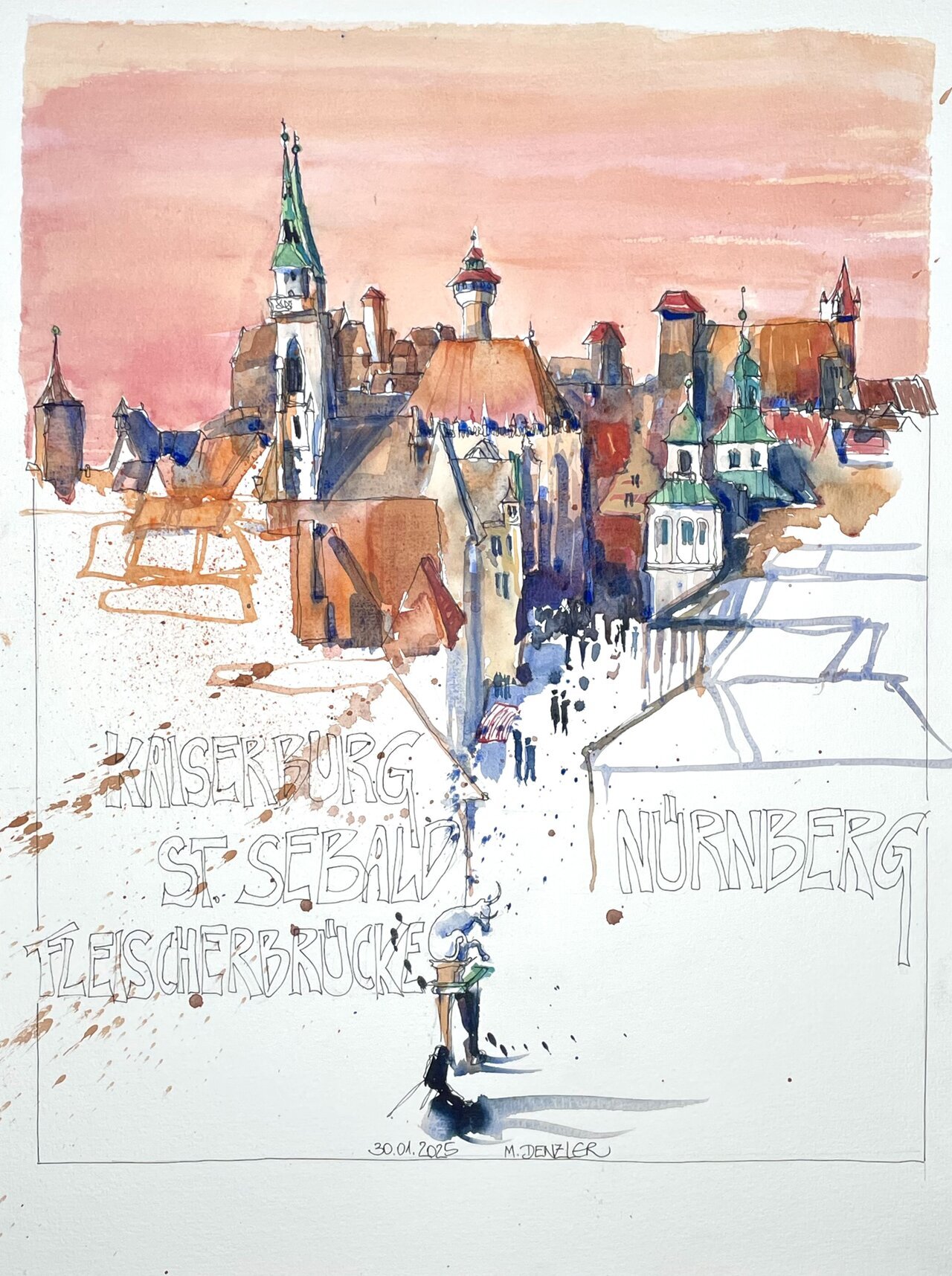 Historische Altstadt Nürnberg - Lebendige Aquarellstimmung trifft präzise Linienführung