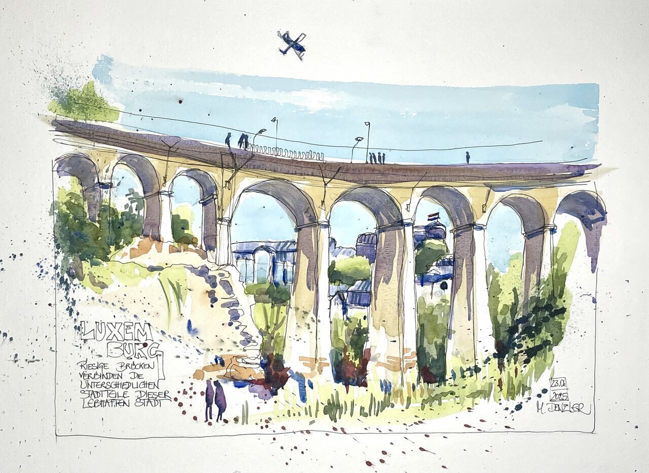 Historischer Aquädukt von Luxemburg - Meisterhafte Aquarellskizze voller Bewegung und Atmosphäre