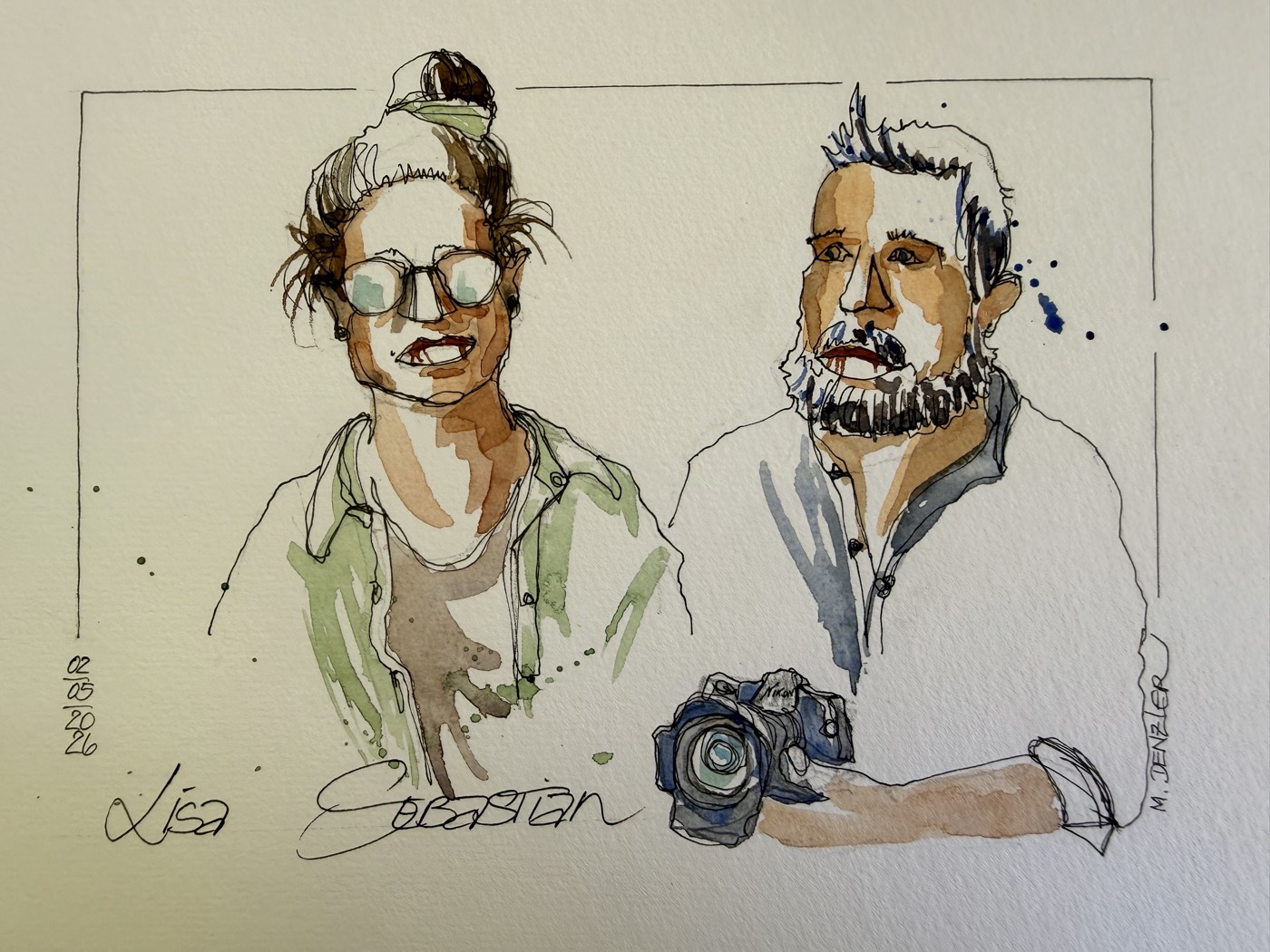 Doppelporträt zweier Gäste in Aquarell und Tusche